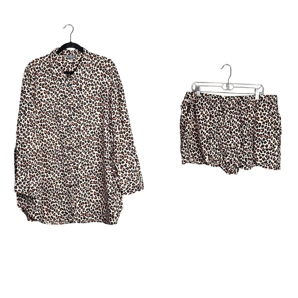 LOFT Pajama Set Plus Sz XXL Notch Collar Short Set Leopard Animal Print Relaxed